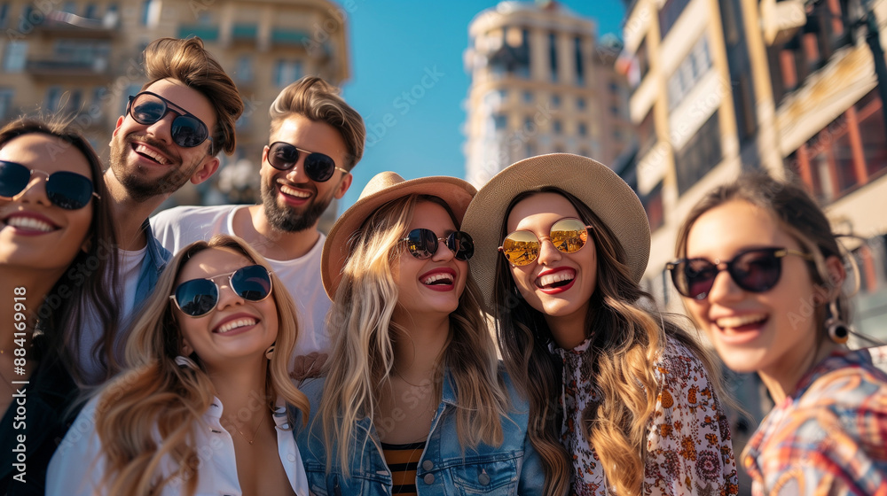 Group of happy friends in sunglasses in city