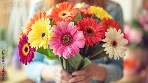 Woman arranging fresh flowers in a vase Stock Photo with copy space