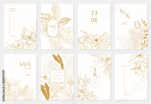 Set of floral invitation save the date card with detailed various flowers. Luxury vintage botanic template layout design, brochure or cover