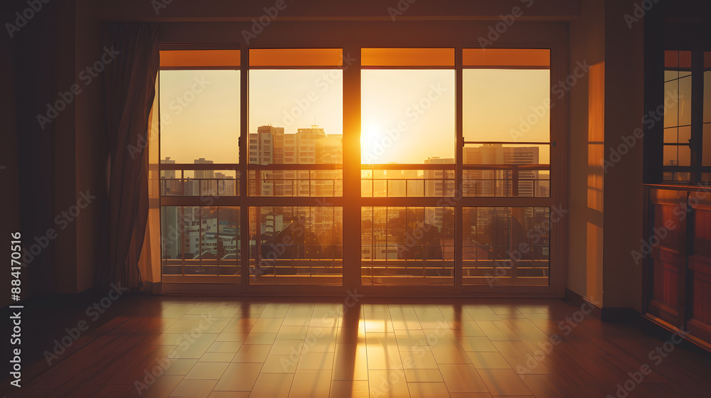 Obraz premium A large open room with a view of the city skyline