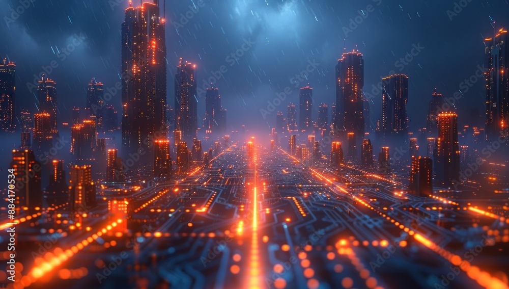 Fototapeta premium Cyberpunk Cityscape Under a Rainy Sky