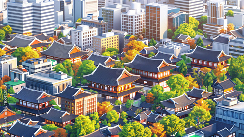 A cityscape of Seoul, South Korea, tall buildings alongside traditional hanok houses and a forest. Isometric view, travel 