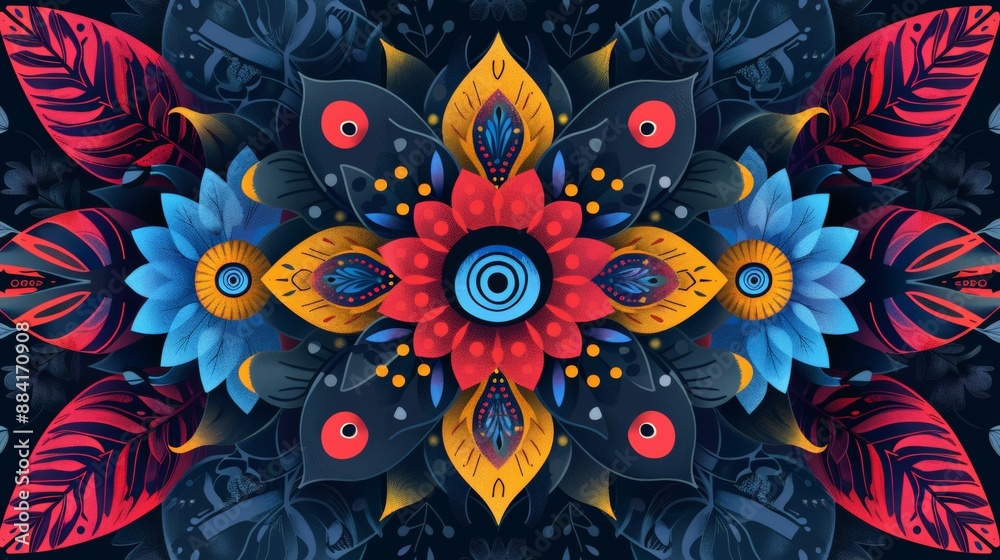 A vibrant, symmetrical floral mandala design with a rich color palette A vibrant, symmetrical floral mandala design with a rich color palette