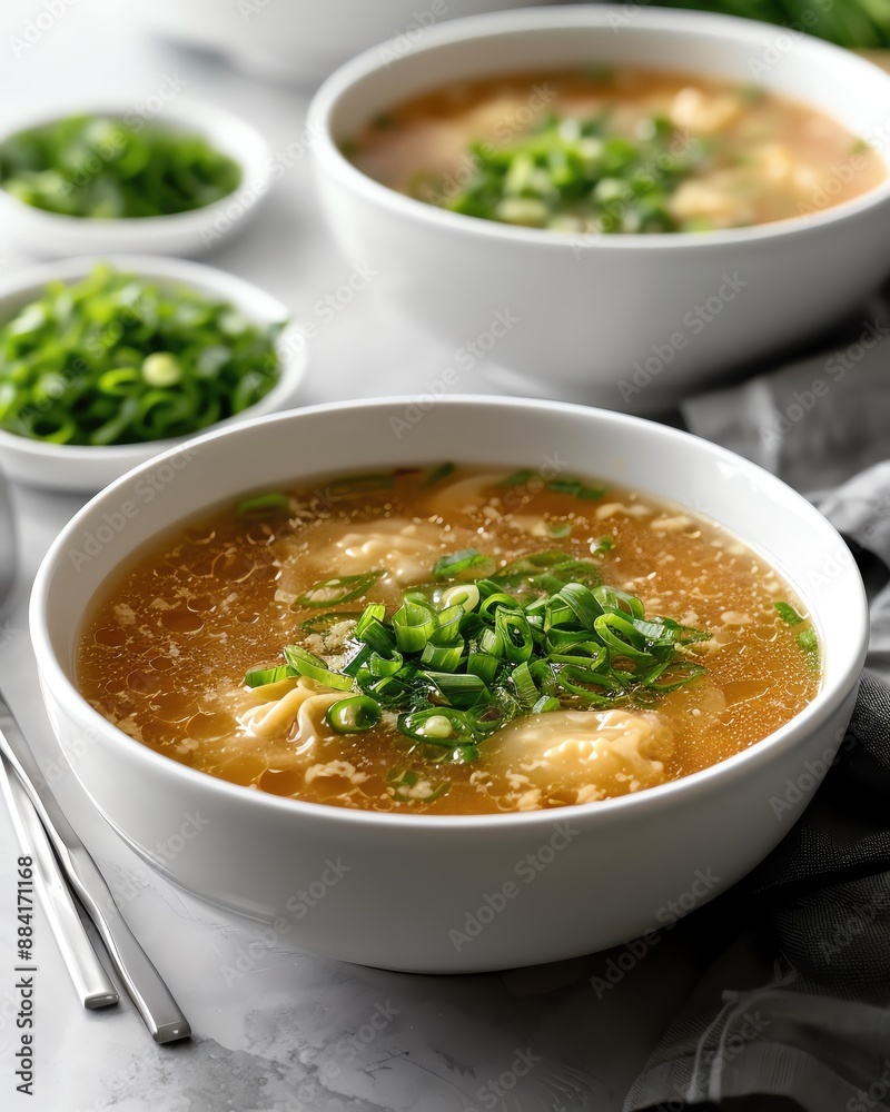 Delicious hot soup garnished with fresh green onions, served in white bowls on a table, perfect for a cozy meal.