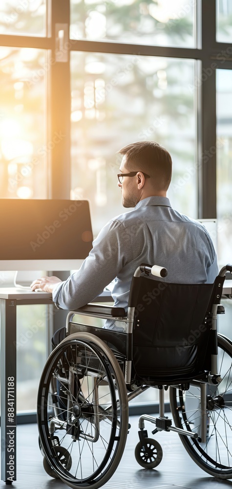 A man in a wheelchair works on a computer in a modern office with large windows and natural light streaming in during the day. A man in a wheelchair works on a computer in a modern office with large windows and natural light streaming in during the day.