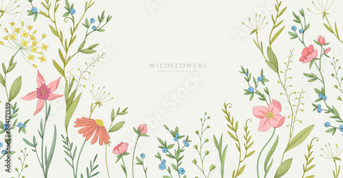 Retro colorful floral art with detailed various flowers and foliage, intricate details and delicate forms. Elegant botanical background or invitation card. Hand drawn vector illustration