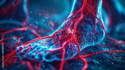 Close-up of illuminated human foot veins highlighting the circulatory system in a vivid blue and red color scheme, emphasizing human anatomy.
