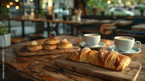 Cozy coffee shop setting with fresh pastries and hot beverages on a wooden table, offering a relaxing atmosphere.