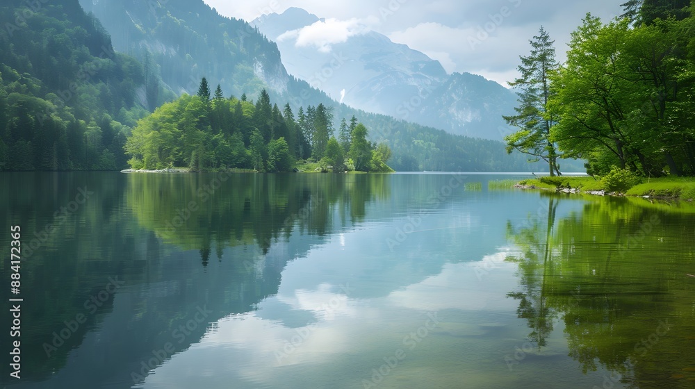 Fototapeta premium Tranquil mountain landscape with a lake reflection, offering a peaceful and natural background. 
