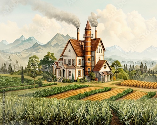 A steampunkinspired farm with mechanical devices for cultivating corn and steampowered cattle feeders, set in an industrial rural area, Steampunk, Sketch photo