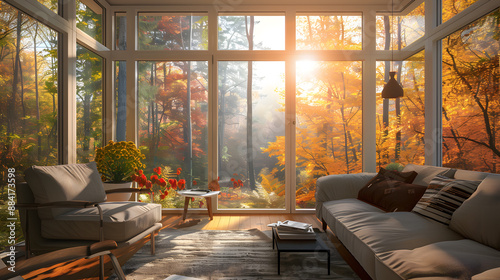 A living room with a large window overlooking a forest