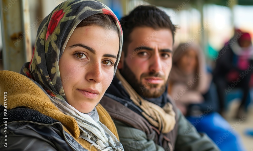 close-up portrait of an attractive young woman and man at a crowded bus stop in the Middle East, serious expressions, shallow depth of focus, warm natural lighting close-up portrait of an attractive young woman and man at a crowded bus stop in the Middle East, serious expressions, shallow depth of focus, warm natural lighting