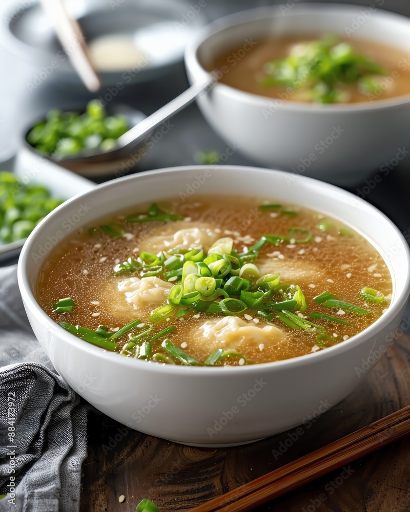 Delicious bowl of hot soup with dumplings and green onions, perfect for a comforting meal, served in a white bowl on a wooden table. Delicious bowl of hot soup with dumplings and green onions, perfect for a comforting meal, served in a white bowl on a wooden table.