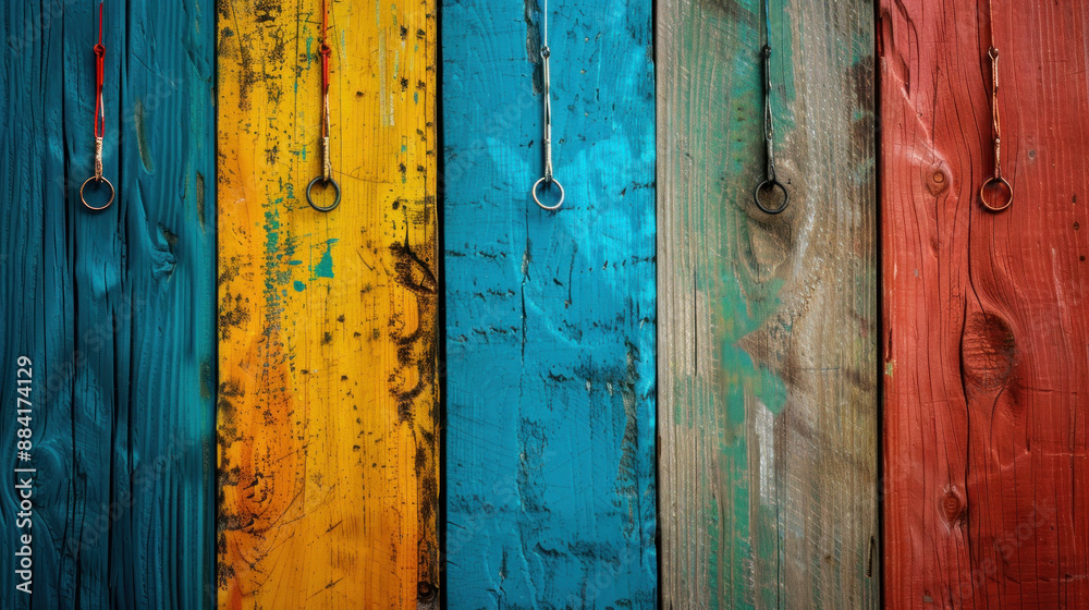 Colorful wooden planks with rings. Colorful wooden planks with rings.