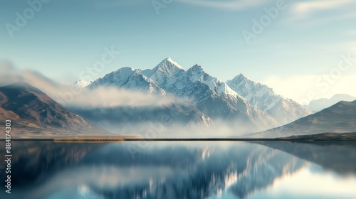 Majestic, Snow-Capped Mountains Rising Above a Serene, Reflective Lake photo