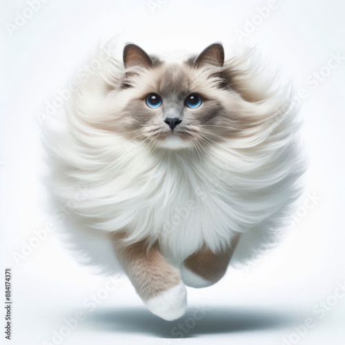 Fluffy Ragdoll Cat with Blue Eyes Isolated Against a White Background 