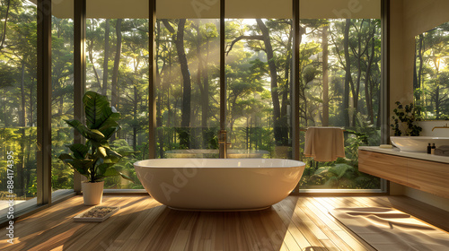 A large bathtub is in a bathroom with a view of trees © JuroStock