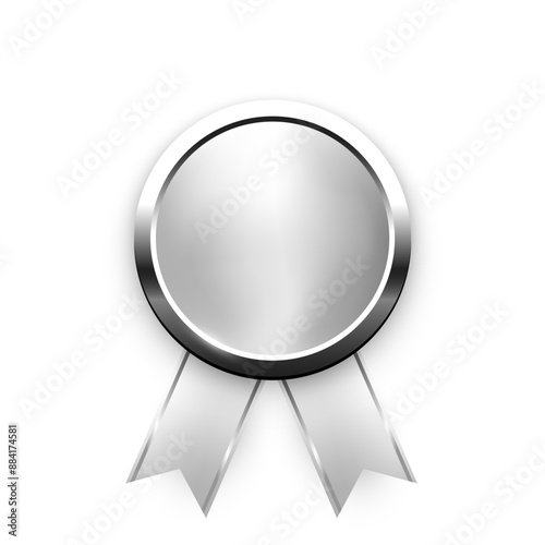 Silver medal for second place with ribbons and free space for award nomination name. Winner rank two on white background. Championship in sport or movie vector illustration.