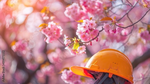 Spring cherry blossom scenery Construction worker with hard hat