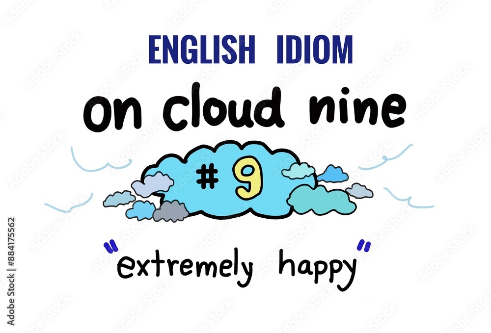 Hand drawn picture of clouds for English idiom: on cloud nine with ...