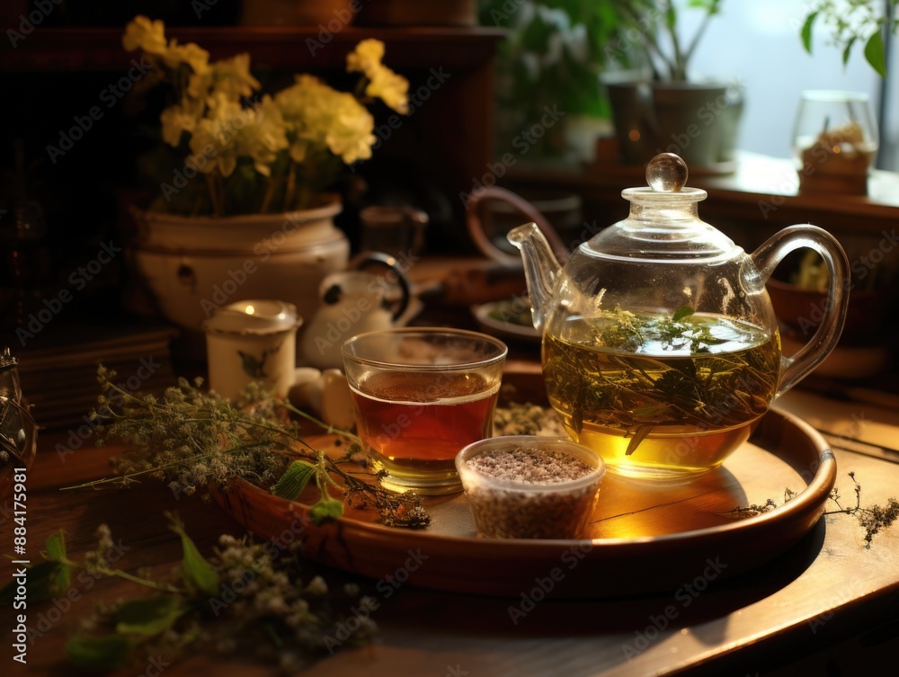 Zen Moment with Herbal Tea Blend and Strainer, Ready for a Relaxing Drink Zen Moment with Herbal Tea Blend and Strainer, Ready for a Relaxing Drink
