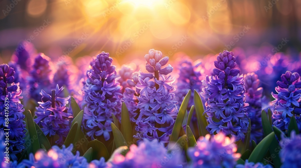 Purple Hyacinth Flowers in a Field at Sunset