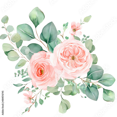 Fototapeta Naklejka Na Ścianę i Meble -  Watercolor floral illustration. Pink flowers and eucalyptus greenery bouquet. Dusty roses, soft light blush peony - border, wreath, frame. Perfect wedding stationary, greetings, fashion, background