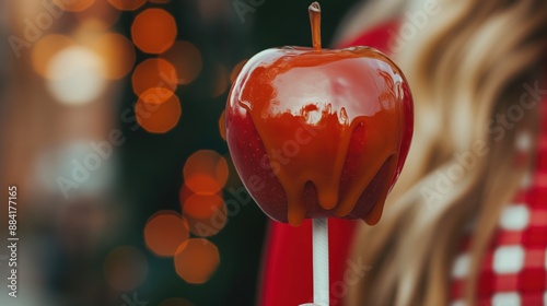 A caramel apple on a stick is held by a person in front of blurred festive lights