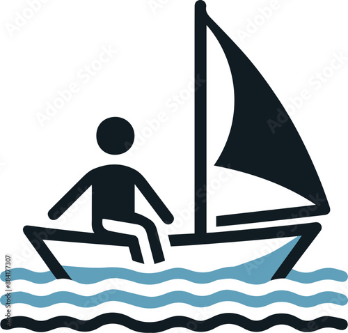 A simple icon of a person sailing a boat on the water.  The boat has a sail and is being propelled by the wind.