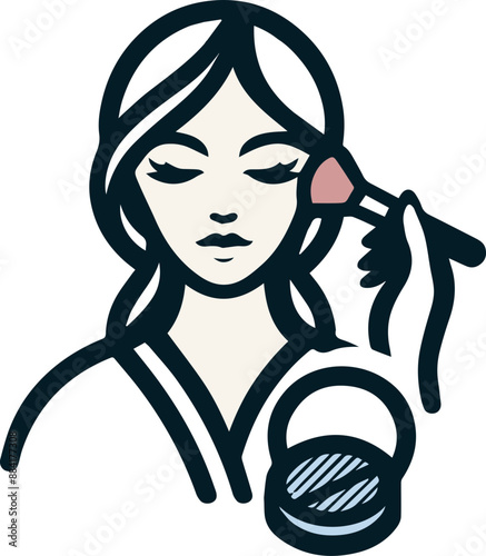 A woman applies makeup with a brush,  eyes closed, concentrating on her look.