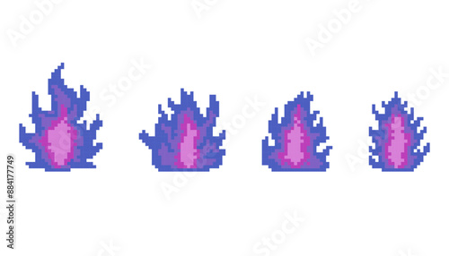 8-bit pixel art of a stylized fire element in shades of blue and purple. Magical flame effects for game asset or material element for fantasy-themed interfaces, mobile games, or pixel-style