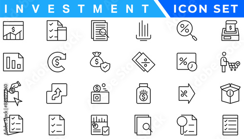 Investment Line Editable Icons set. Vector illustration in modern thin line style of business related icons: types of investments, economics, profit, savings, and more. Isolated on white