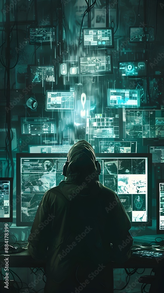 Hacker Navigating the Dark Web with Cryptic Symbols and Anonymous Chat Rooms on Multiple Screens Hacker Navigating the Dark Web with Cryptic Symbols and Anonymous Chat Rooms on Multiple Screens