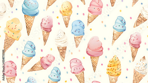A seamless pattern featuring watercolor ice cream cones in pastel colors with sprinkles, creating a sweet and charming design perfect for summer-themed projects.