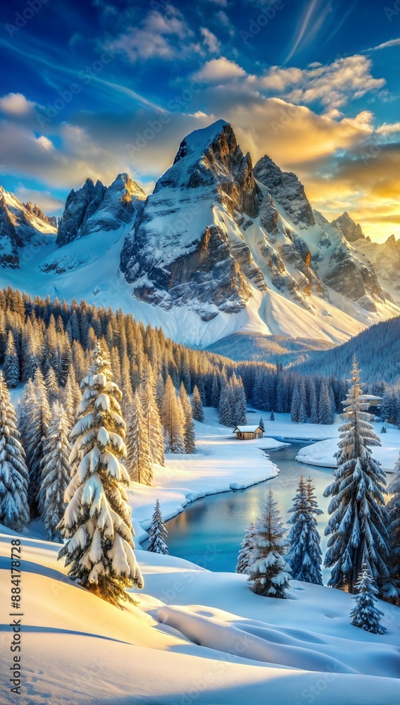Fototapeta premium Snowy Mountain Range With Evergreen Forest and Creek. Generative AI