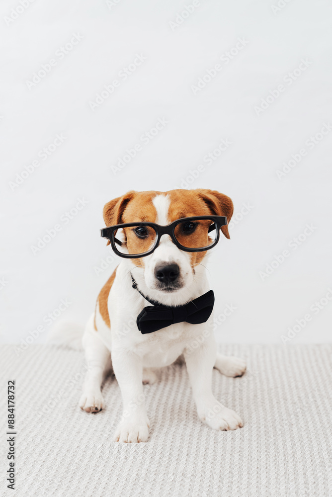 Funny jack russell terrier with glasses and black butterfly on his neck sitting on white background and looking at the camera