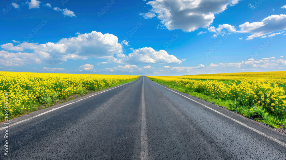 Asphalt Road through a field of Yellow Wildflowers. Asphalt Road through a field of Yellow Wildflowers.