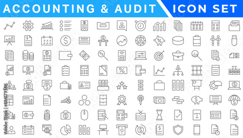 Accounting and audit icon set. Taxes and accounting line icons collection. Check and audit line icons collection. Containing financial statement, accountant, financial audit. Vector illustration