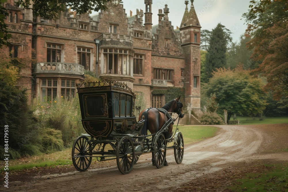 Fototapeta premium AI generated illustration of a vintage horse-drawn carriage in front of a historic mansion