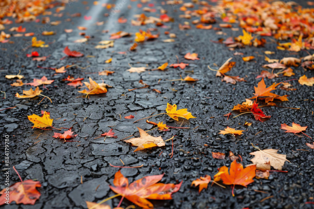 Autumn landscape with old asphalt road with fallen leaves, Generative AI
Autumn landscape with old asphalt road with fallen leaves, Generative AI