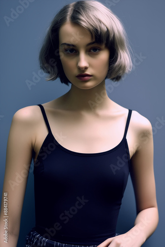 Portrait of a European Girl with Short Hair and Blue Eyes, holding blueberries photo