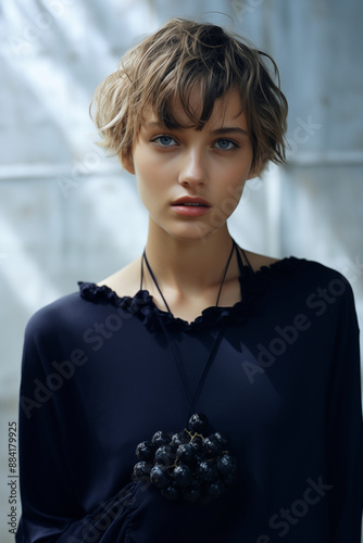 Portrait of a European Girl with Short Hair and Blue Eyes, holding blueberries photo