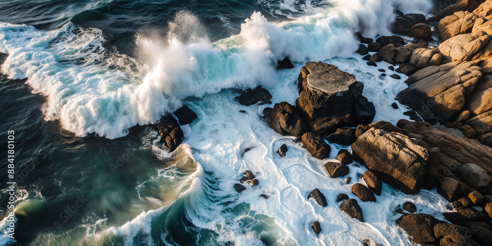 Fototapeta premium aerial view sea rocks ocean waves crashing 