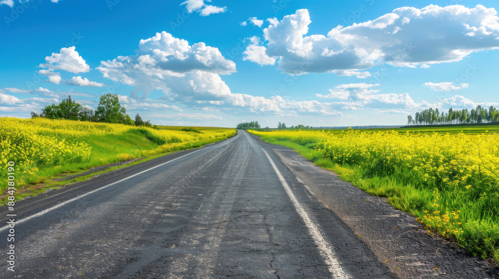Empty Road Through Yellow Fields. Empty Road Through Yellow Fields.