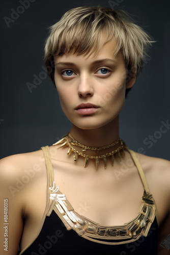 Portrait of a European Girl with Short Hair and Blue Eyes, holding blueberries photo