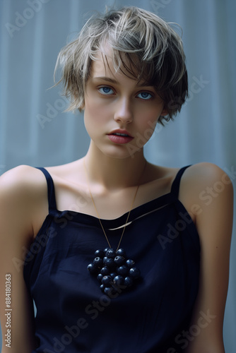 Portrait of a European Girl with Short Hair and Blue Eyes, holding blueberries photo