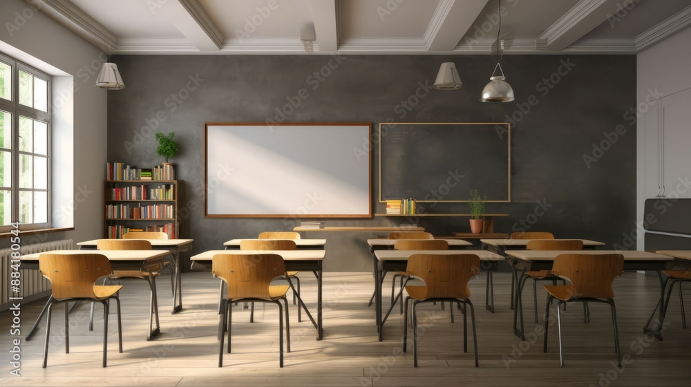 a classroom with chairs, desks, and a chalkboard wall. knowledge, back to school, education a classroom with chairs, desks, and a chalkboard wall. knowledge, back to school, education