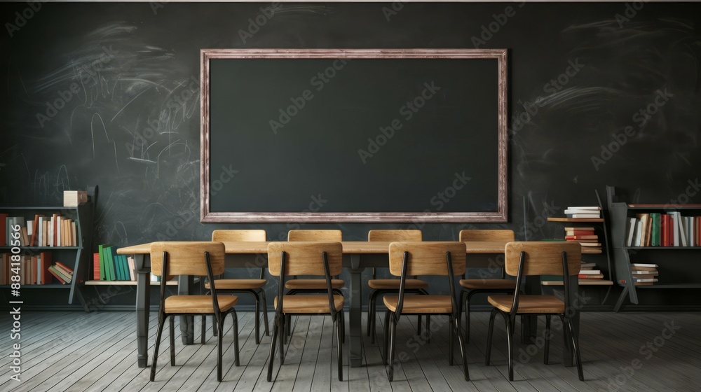 a classroom with blackboard, chairs and tables. back to school, education a classroom with blackboard, chairs and tables. back to school, education