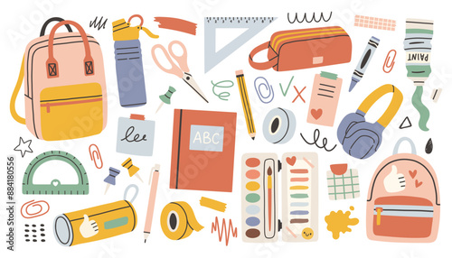 School stationery and Art Supplies Set, cartoon. Kawaii accessories for study, student equipment. Back to school.