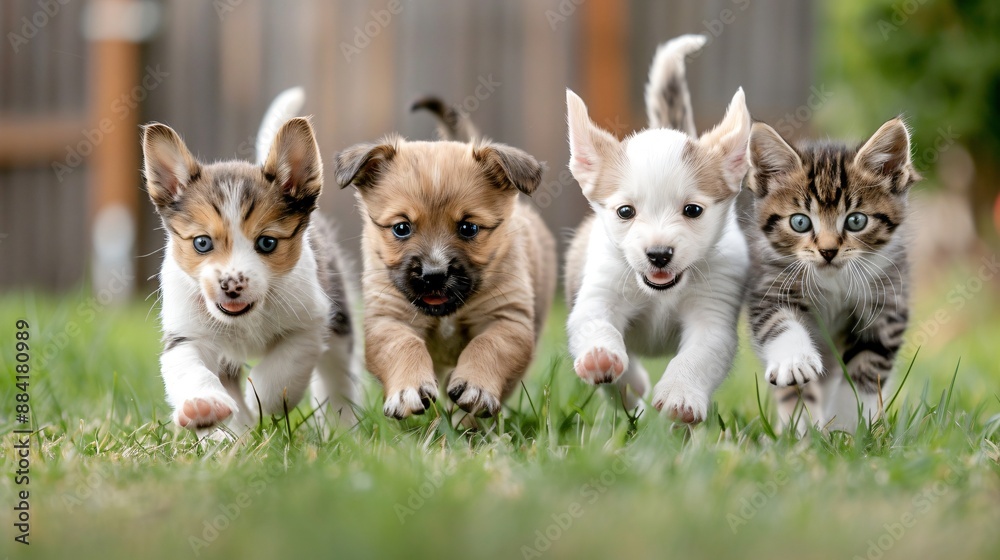 A puppy and kitten playing together in a grassy backyard, chasing each other in circles. A puppy and kitten playing together in a grassy backyard, chasing each other in circles.